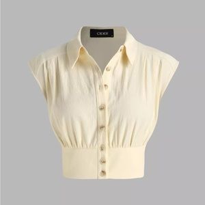 Shirred collar button up top beige medium